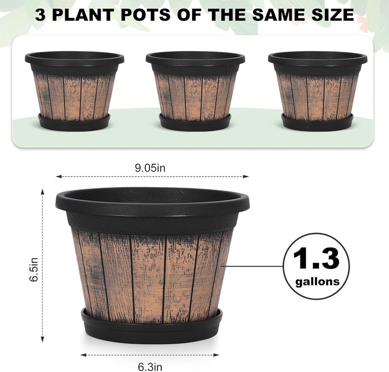 Quarut Plant Pots Set of 3 Pack 9 inch,Whiskey Barrel Planters with Drainage Holes & Saucer.Plastic Decor Flower Pots Imitation Wine Barrel Design,for Indoor & Outdoor Garden Home Plants (Brown) - Image 2